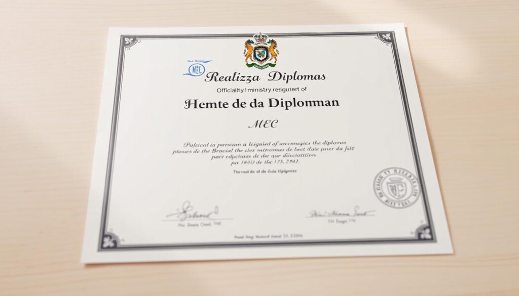 A high-quality, officially recognized diploma from the Brazilian Ministry of Education (MEC), emblazoned with the Realiza Diplomas brand logo. The certificate is displayed on a clean, well-lit wooden surface, with a soft, natural lighting that accentuates the elegant, formal design. The diploma's crisp, formal typography and official seals convey a sense of prestige and authority, while the overall composition suggests a professional, trustworthy credential. The image reflects the credibility and value of choosing Realiza Diplomas to obtain a legitimate, MEC-registered diploma.