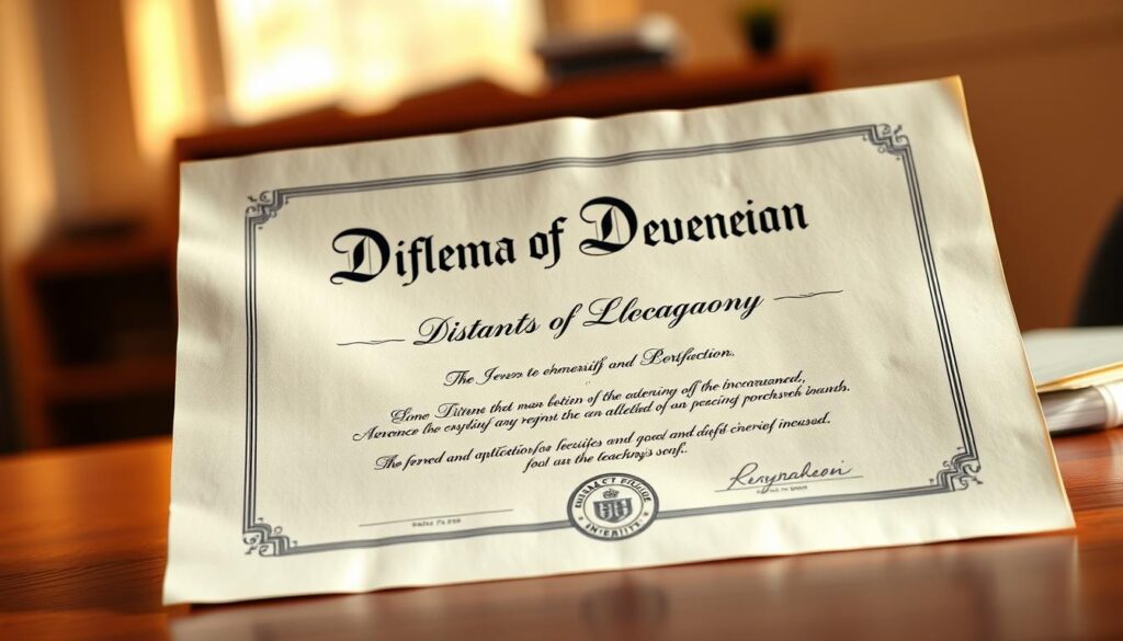 A high-quality, realistic diploma certificate for a distance education pedagogy program, displayed on a wooden desk with a subtle office backdrop. The diploma is made of premium parchment paper, with intricate calligraphic text and an embossed university seal. Warm, directional lighting creates depth and highlights the tactile texture of the document. The overall composition conveys a sense of academic accomplishment and the prestige of an online teaching degree.