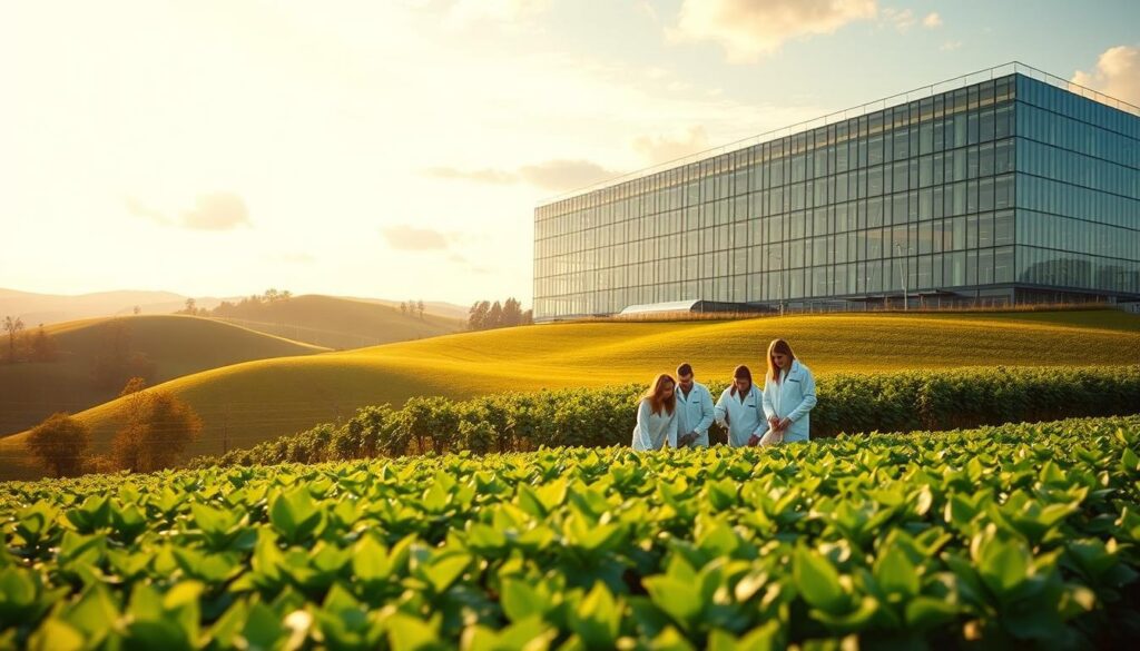 A lush, verdant landscape with rolling hills and a vibrant, sun-dappled field of crops in the foreground. In the middle ground, a group of students in lab coats and protective gear are tending to the crops, their faces alight with enthusiasm and curiosity. In the background, a towering, state-of-the-art agricultural research facility stands, its gleaming glass and steel façade reflecting the sky above. Warm, golden lighting bathes the scene, conveying a sense of productivity, innovation, and the boundless potential of a career in agronomy. The overall atmosphere is one of excitement, discovery, and the profound impact that a degree in agronomy can have on the world.