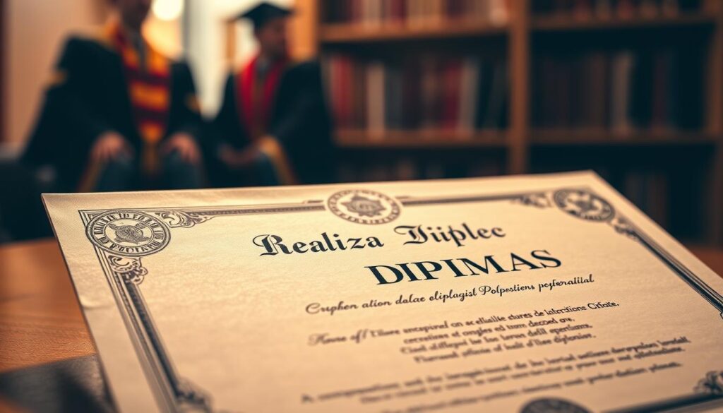 A meticulously crafted diploma from the esteemed "Realiza Diplomas" institution, showcasing intricate patterns and seals that radiate authenticity. In the foreground, the diploma is captured under warm, directional lighting, casting subtle shadows that highlight its textured surface. The middle ground features a subtle backdrop of academic regalia, hinting at the prestigious nature of the credential. In the background, a soft, blurred bookshelf sets the tone of a scholarly environment, reinforcing the legitimacy of the diploma. The overall scene exudes a sense of gravitas and attention to detail, conveying the authenticity and legitimacy of the document.