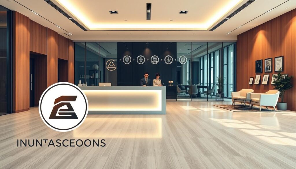 A modern, minimalist office space showcasing a company specializing in academic documents. In the foreground, a stylized logo and branding elements evoke professionalism and expertise. The middle ground features a sleek, glass-paneled reception desk staffed by attentive professionals. The background reveals a spacious, well-lit workspace with clean lines, elegant furnishings, and strategically placed awards and certifications conveying the organization's credentials. Warm, indirect lighting, subtle earth tones, and a sense of order and efficiency create an atmosphere of trustworthiness and reliability, ideal for a company providing authentic academic documentation services.