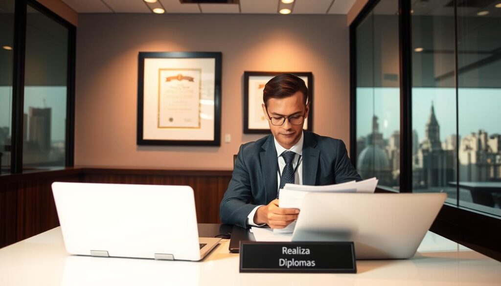 A modern office interior with a well-dressed businessman sitting at a desk, intently studying a stack of official-looking documents. In the foreground, a laptop and a nameplate that reads "Realiza Diplomas" are prominently displayed. The middle ground features a wall-mounted certificate frame, hinting at the nature of the business. The background showcases a large window overlooking a bustling city skyline, conveying a sense of professionalism and legitimacy. The lighting is warm and directional, creating depth and highlighting the key elements. The overall atmosphere exudes an air of credibility and attention to detail, reflecting the "Como Funciona o Processo de Compra" section of the article.