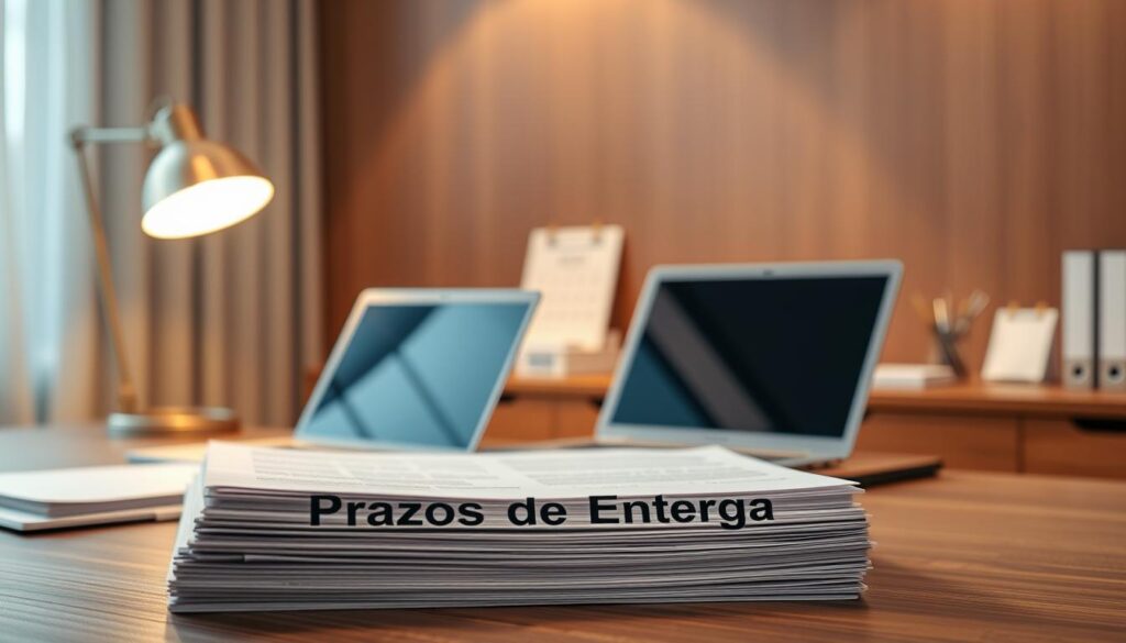 A modern office setting with an elegant wooden desk, neatly arranged documents, and a minimalist desk lamp casting warm, directional lighting. In the foreground, a stack of documents labeled "Prazos de Entrega" stands out, emphasizing the subject matter. The middle ground features a laptop, pen holder, and a subtle calendar to convey a sense of deadlines and timely delivery. The background is subtly blurred, creating depth and focus on the central documents. The overall atmosphere is one of professionalism, organization, and attention to detail, reflecting the importance of document delivery timelines.