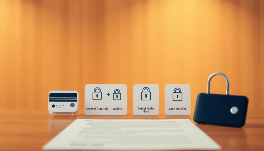 A neatly arranged display of various payment options for official documents, showcased against a warm, inviting backdrop. The foreground features a clean, minimalist design with icons representing credit cards, digital wallets, and bank transfer methods, all presented in a visually appealing and accessible layout. The middle ground showcases a sense of security and trust, with subtle security elements like lock icons or security seals. The background subtly hints at the professional and reliable nature of the service, perhaps with a subtle pattern or texture suggestive of official documents. The overall mood is one of efficiency, convenience, and confidence in the payment process.