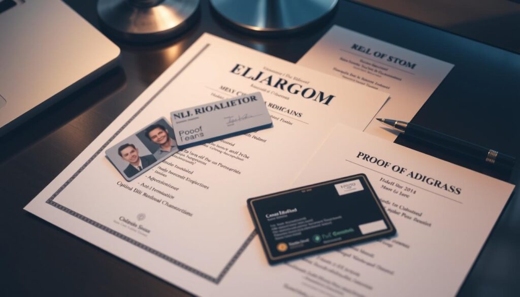 A neatly organized desktop displaying the essential documents required for purchasing a high school diploma - a formal identification card, proof of address, and any relevant educational transcripts. The scene is bathed in soft, diffused lighting, creating a professional and administrative atmosphere. The documents are arranged in a visually appealing manner, suggesting a sense of order and attention to detail. The overall tone conveys the seriousness and legitimacy of the process of obtaining a diploma through legal channels.