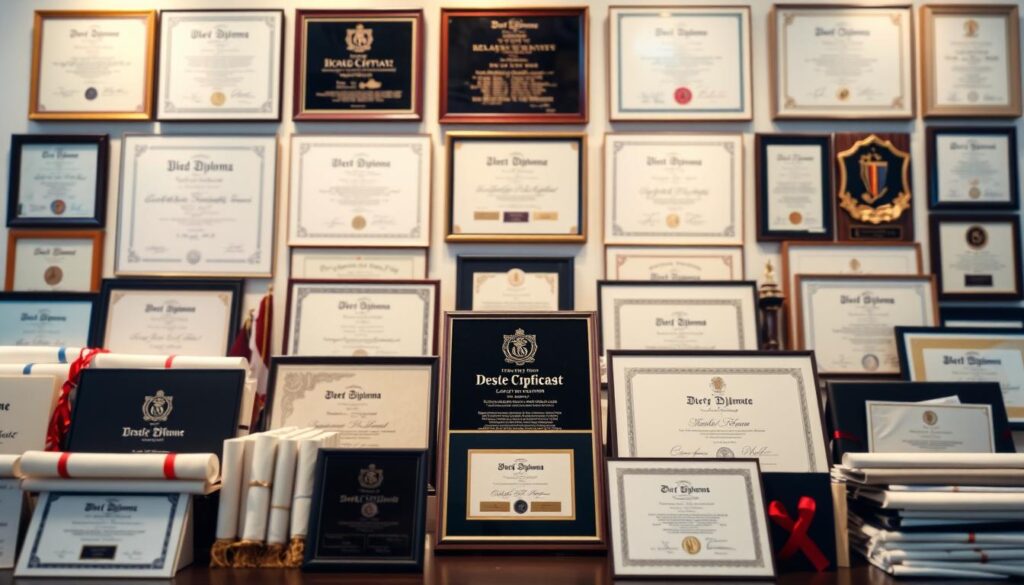 A neatly organized display of various types of diplomas, including classic academic degrees, professional certifications, and specialty awards. The foreground features a clean, well-lit arrangement of diploma scrolls, certificates, and plaques in a range of formal, elegant designs. The middle ground showcases the diversity of these credentials, with different shapes, sizes, and ornamental elements. The background softly blurs, creating a sense of depth and focus on the central display. The overall mood is one of prestige, accomplishment, and the prestigious nature of these educational and professional qualifications.