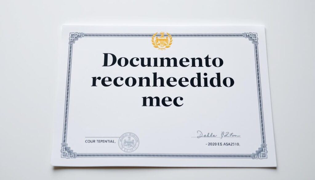 A neatly organized document, resembling a government-issued certificate, prominently displays the text "Documento reconhecido mec" in an official-looking font. The document is set against a clean, neutral background, lending an air of professionalism and legitimacy. The lighting is soft and evenly distributed, accentuating the crisp details of the document's design. The camera angle is slightly elevated, creating a sense of authority and importance. The overall mood is one of authenticity and credibility, reflecting the confidence and trust associated with a reputable educational credential.