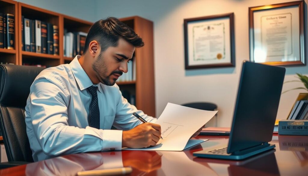 A neatly organized office scene, with a person sitting at a desk intently examining and signing a diploma document. The lighting is warm and inviting, casting a soft glow on the desk and surrounding area. In the background, a bookshelf filled with academic-looking tomes and a framed certificate or diploma on the wall, hinting at the legitimacy of the establishment. The mood is one of professionalism and authority, conveying the trust and credibility associated with obtaining a diploma from this provider. The composition is balanced, with the main subject in the center and the supporting elements framing the scene.
