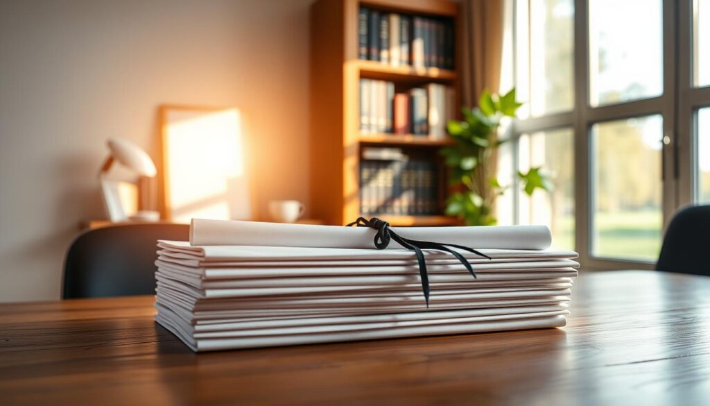 A neatly organized office scene with a stack of graduation diplomas placed prominently on a wooden desk. The diplomas are presented against a soft, warm lighting that casts a gentle glow, creating an atmosphere of accomplishment and anticipation. In the background, a bookshelf filled with academic volumes and a window offering a view of a serene, sun-dappled landscape. The overall composition conveys a sense of timely delivery, academic excellence, and the pride associated with earning a diploma.
