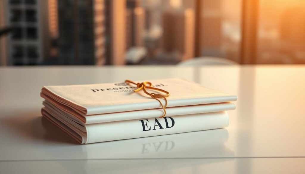 A neatly stacked pile of diplomas, one labeled "Presencial" and the other "EAD", resting on a sleek, minimalist desk. Warm, diffused lighting from above casts subtle shadows, highlighting the subtle differences in design and presentation between the two. In the background, a blurred cityscape suggests an urban, professional setting. The image conveys a sense of comparison and evaluation, inviting the viewer to consider the distinctions between traditional and distance education credentials.