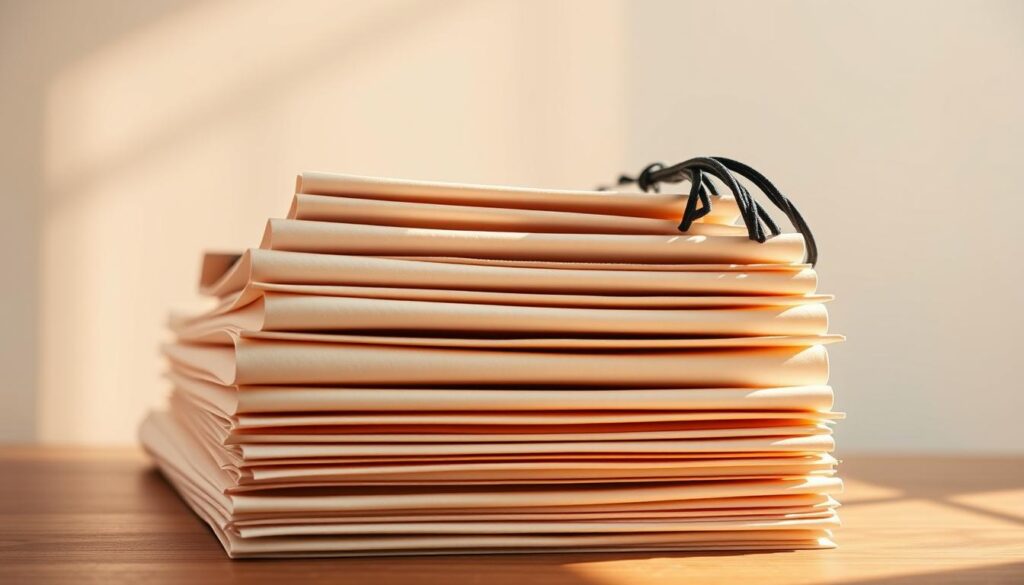 A neatly stacked pile of official-looking diplomas against a clean, minimalist backdrop. The diplomas are crisp, with a tactile, high-quality texture, their edges sharply defined. Warm, natural lighting illuminates the scene from the side, casting subtle shadows that accentuate the depth and materiality of the diplomas. The overall composition is balanced and visually appealing, conveying a sense of professionalism and attention to detail. The mood is one of trust, reliability, and the successful completion of an educational journey.