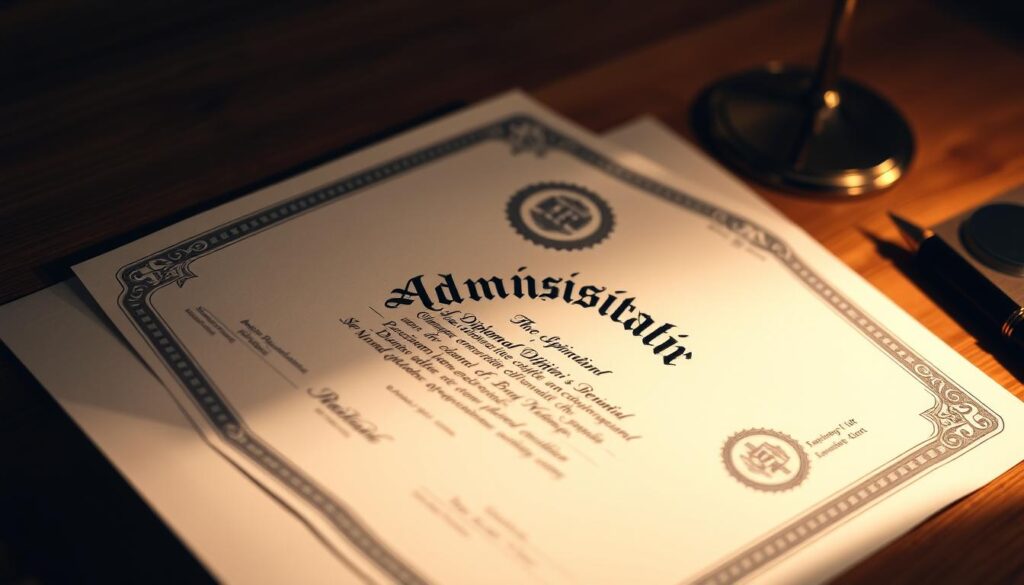 A prestigious-looking diploma certificate in administration, displayed on a wooden desktop with a subtle background. The diploma is highlighted with a warm, directional lighting, creating depth and showcasing its intricate design elements. The certificate features an official-looking seal, calligraphic text, and decorative borders, exuding a sense of legitimacy and authority. The overall composition conveys the impression of a legitimate, recognized administrative degree that can be obtained through proper channels.