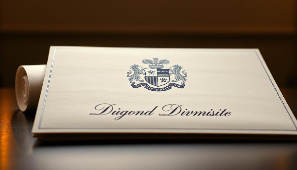 A prestigious university's coat of arms emblazoned on a tactile, embossed diploma certificate. The document exudes an aura of authority and credibility, its crisp edges and elegant cursive script conveying a sense of security and reliability. Warm lighting casts a subtle glow, highlighting the premium materials and meticulous craftsmanship. The diploma is set against a muted, sophisticated backdrop, evoking an atmosphere of academic rigor and institutional legitimacy. Every detail, from the watermarked paper to the official university seal, underscores the diploma's authenticity and the prestige it represents.