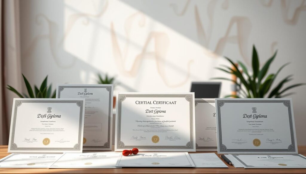 A professional certification display featuring various diploma types in a minimalist, modern design. The foreground showcases diploma certificates in diverse layouts and designs, with clean lines, elegant typography, and subtle embellishments. The middle ground depicts a serene office setting with a wooden desk, potted plants, and a laptop, creating a tranquil, focused atmosphere. The background features soft, muted colors and a blurred, abstract pattern, providing a calming and sophisticated ambiance. The lighting is natural and diffused, casting gentle shadows and highlighting the textural details of the certifications. The overall composition conveys a sense of professionalism, credibility, and achievement.