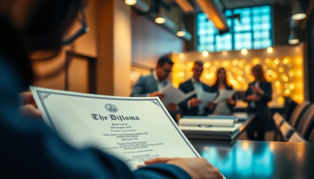 A rapid diploma issuance process unfolds with efficiency and precision. In the foreground, a diploma is being meticulously crafted, its pristine design reflecting the high standards of the institution. In the middle ground, a team of skilled professionals diligently reviews and verifies the documentation, ensuring the diploma's authenticity. The background is illuminated by a warm, inviting glow, conveying a sense of accomplishment and celebration. The scene is captured through a medium-wide lens, providing a balanced and visually appealing composition. The overall mood is one of professionalism, attention to detail, and a commitment to delivering a seamless diploma-issuing experience.