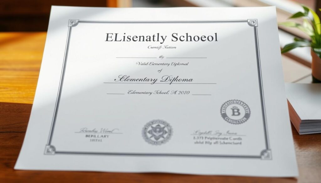 A realistic document of a valid elementary school certificate, with a clean, minimalist design. The certificate is displayed on a wooden desk, with a simple yet elegant frame. The lighting is soft and natural, creating a warm and professional atmosphere. The certificate's details are clearly visible, including the official seals, signatures, and any relevant security features. The background is slightly blurred, keeping the focus on the certificate itself. The overall impression is one of authenticity and legitimacy, reflecting the trust and value associated with a valid elementary school diploma.