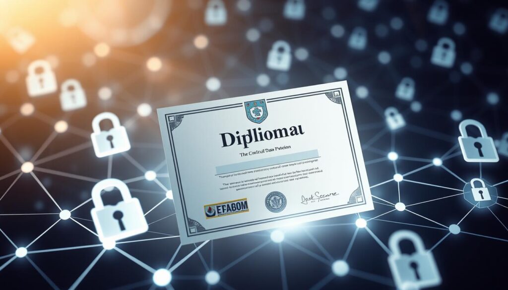 A secure and confidential data protection landscape, with a central diploma certificate floating amidst a network of interconnected digital security elements. Soft, diffused lighting illuminates the scene, creating a sense of trust and reliability. The diploma is rendered in intricate detail, showcasing its authenticity and secure nature. Surrounding it, geometric shapes, lock icons, and data visualization motifs suggest advanced encryption and access control mechanisms. The overall composition conveys the importance of safeguarding sensitive educational credentials in the digital age.