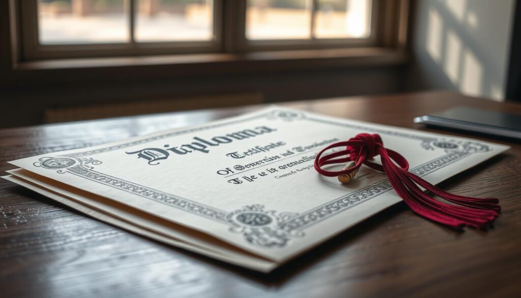 A secure and trustworthy diploma certificate resting on a wooden desk, illuminated by soft natural light from a nearby window. The document features intricate embossed patterns and official-looking seals, conveying a sense of legitimacy and authority. The background is blurred, drawing the viewer's attention to the diploma's tactile, high-quality appearance. The overall mood is one of professionalism, reliability, and the confidence that comes with obtaining a genuine educational credential.