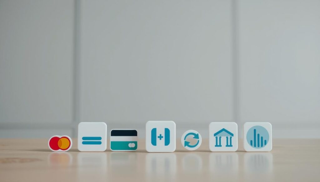 A secure payment methods display with a clean, minimalist design. In the foreground, various payment icons including credit card, digital wallet, and bank transfer symbols arranged neatly. The middle ground features a neutral-toned surface, perhaps a desk or countertop, providing a simple backdrop. The background subtly suggests an office or professional setting, with muted tones and soft lighting creating a sense of trust and reliability. The overall composition conveys a secure, efficient, and trustworthy payment experience, suitable for showcasing the accepted payment options for an educational certificate program.