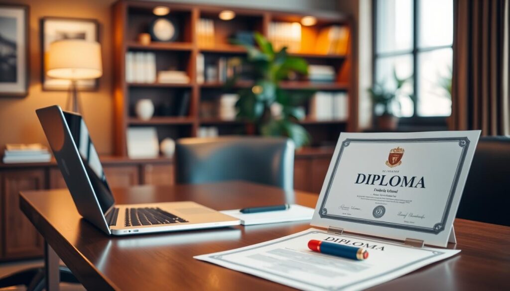 A secure process for diploma: a formal, professional office setting with a wooden desk, laptop, and diploma certificate in the foreground. Warm, soft lighting casts a mellow glow, creating a sense of trust and credibility. In the background, a bookshelf and potted plant add depth and a subtle touch of sophistication. The overall atmosphere conveys a reliable, well-established institution dedicated to providing authentic academic qualifications with care and attention to detail.