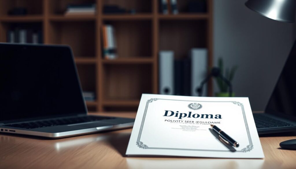 A secure process for obtaining a diploma, showcased in a clean, professional setting. A neatly organized desk with a diploma certificate, a laptop, and a pen resting on top, illuminated by soft, directional lighting. In the background, a blurred bookshelf or office shelving, creating a sense of an academic or institutional environment. The overall mood is one of trust, reliability, and attention to detail, reflecting the safe and legitimate nature of the diploma acquisition process.
