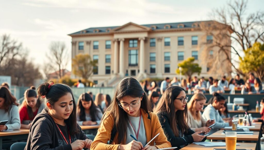 A serene academic setting, showcasing a diverse array of graduation and technical courses. In the foreground, students earnestly engage in hands-on learning, their expressions focused and determined. The middle ground features a range of classroom environments, from modern laboratories to traditional lecture halls, each evoking a sense of intellectual rigor. In the background, a stately university building stands, its architecture a blend of classic and contemporary design, symbolizing the institution's commitment to academic excellence. Warm, natural lighting filters through large windows, creating a welcoming and inspiring atmosphere. The overall scene conveys the breadth of educational opportunities available, catering to a wide range of interests and aspirations.