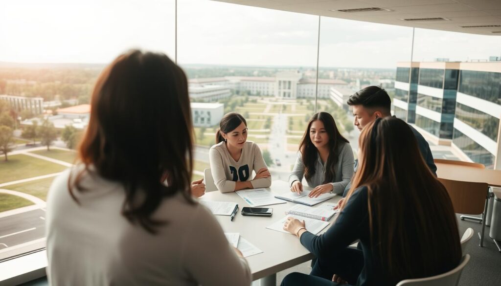 A serene academic setting, with students and educators engaged in thoughtful discussion. The foreground features a group of people gathered around a table, exchanging ideas and collaborating on educational materials. Soft, warm lighting creates an atmosphere of trust and security, while the middle ground showcases a modern, well-equipped classroom with state-of-the-art technology. In the background, a sprawling campus with well-maintained grounds and buildings, symbolizing the institution's commitment to safety and reliability. The overall scene conveys a sense of professionalism, diligence, and the pursuit of knowledge in a secure educational environment.