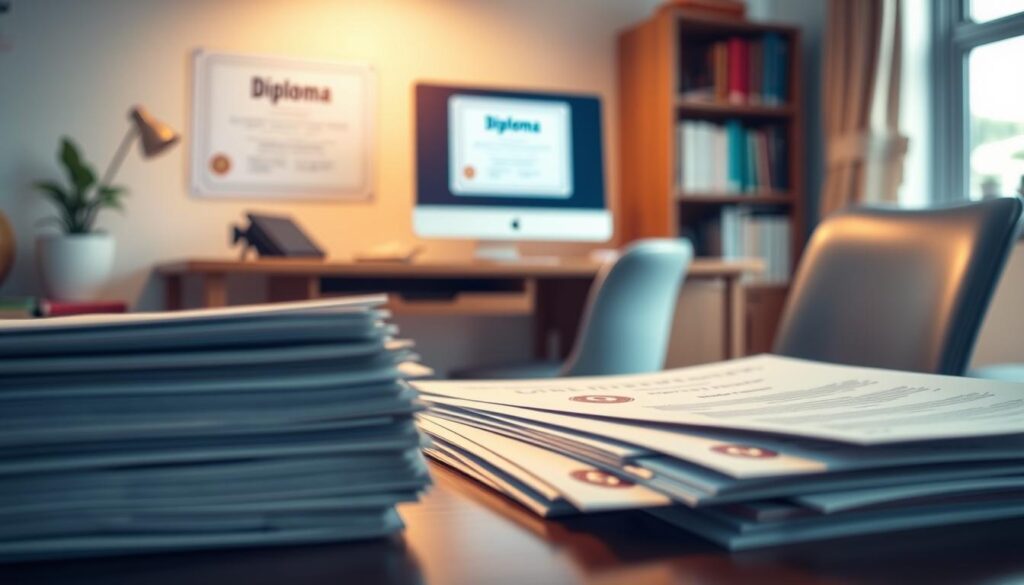 A serene and secure educational document scene. In the foreground, a stack of official-looking papers with secure stamps and seals, exuding a sense of authenticity and legitimacy. The middle ground features a desk with a computer, projecting an image of a diploma on the screen, emphasizing the digital security measures. In the background, a bookshelf and a window, suggesting an academic setting. The lighting is soft and warm, creating a professional and trustworthy atmosphere. The angle is slightly elevated, providing a comprehensive view of the scene and its attention to detail in document security.