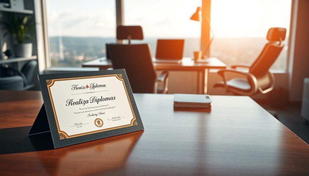 A serene and secure office setting, bathed in warm, natural lighting. In the foreground, a professional-looking diploma certificate bearing the "Realiza Diplomas" brand proudly displayed on a polished wooden desk. The middle ground showcases a modern, minimalist workspace with a laptop, stationery, and a sleek ergonomic chair, conveying a sense of trustworthiness and reliability. In the background, a large window offers a scenic vista, creating an atmosphere of confidence and tranquility. The overall scene evokes a feeling of safety and assurance when purchasing a diploma from Realiza Diplomas.
