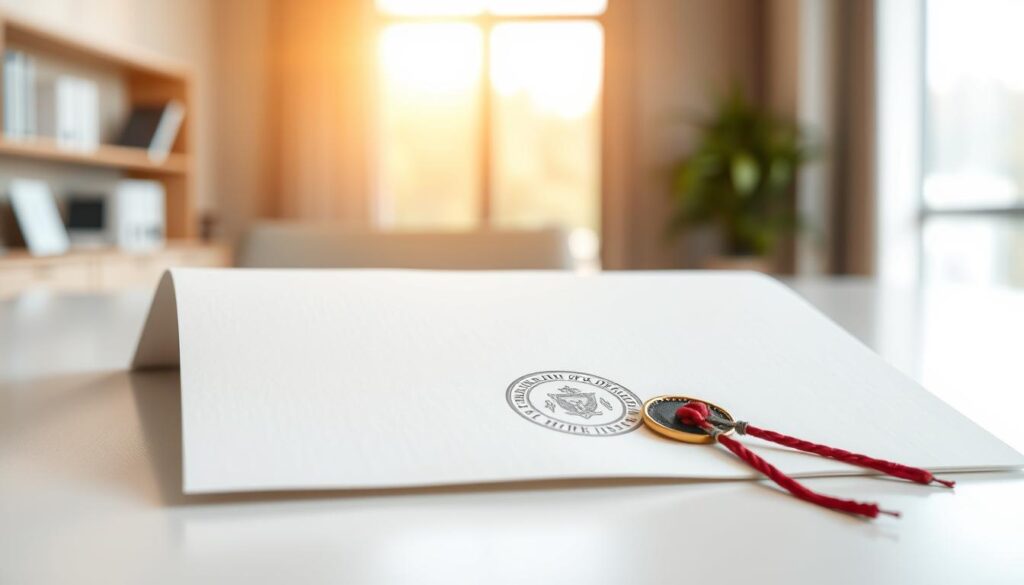 A serene and secure office setting, with a clean, minimalist desk showcasing a legal document. Warm, natural lighting filters through a large window, casting a soft glow on the scene. The document's edges are crisp, the paper quality premium, and the seal embossed with intricate details, exuding a sense of authenticity and legitimacy. The background blurs gently, drawing the viewer's attention to the centerpiece - the official, validated diploma that symbolizes academic achievement and trustworthiness. An atmosphere of professionalism and reliability pervades the image, reflecting the care and diligence required in verifying the document's validity.
