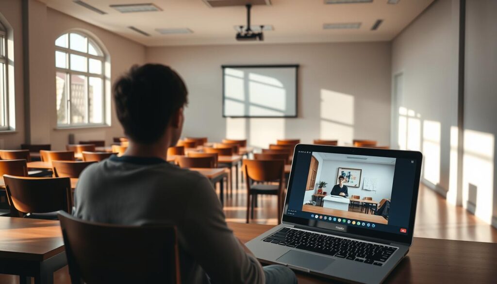 A serene, dimly lit classroom with a distant instructor leading an online distance education course in teaching. Elegant wooden desks and chairs arranged in neat rows, casting soft shadows across the polished floor. Sunlight streams through large windows, illuminating a projector screen displaying course materials. In the foreground, a student's laptop displays the virtual classroom, conveying the seamless integration of technology and education. An atmosphere of focused learning and academic ambition pervades the scene, reflecting the opportunity to obtain a teaching degree remotely.