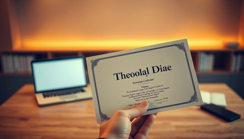 A serene, minimalist composition showcasing the process of obtaining a theology degree certificate. In the foreground, a hand holds a realistic-looking diploma certificate, its edges slightly worn, conveying a sense of authenticity. The middle ground features a clean, wooden desk surface, perhaps with a laptop or other academic accoutrements hinting at the digital aspect of the process. The background is a softly blurred, neutral-toned environment, allowing the central elements to take center stage. Warm, diffused lighting casts a gentle glow, creating an atmosphere of quiet contemplation and professionalism. The overall scene conveys the ease and accessibility of acquiring a theology degree through this method.