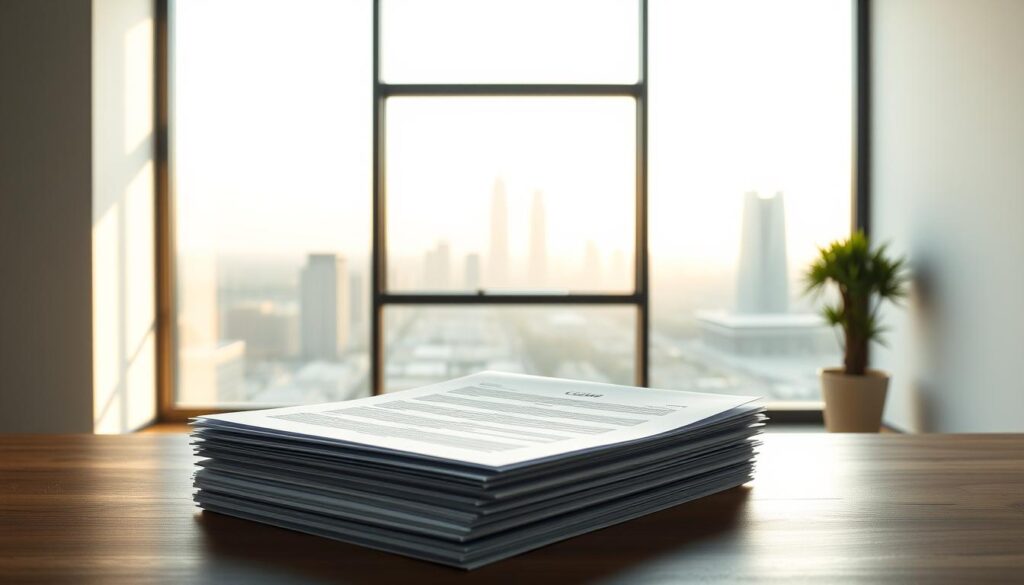 A serene, modern office setting with a minimalist aesthetic. In the foreground, a neatly organized desk showcases a stack of official-looking documents, conveying a sense of trustworthiness and reliability. The middle ground features a large window overlooking a picturesque cityscape, bathing the scene in warm, natural lighting. The background is clean and uncluttered, with subtle, muted tones that create a calming and professional atmosphere. The overall composition exudes a sense of confidence, attention to detail, and a commitment to providing a dependable document service.