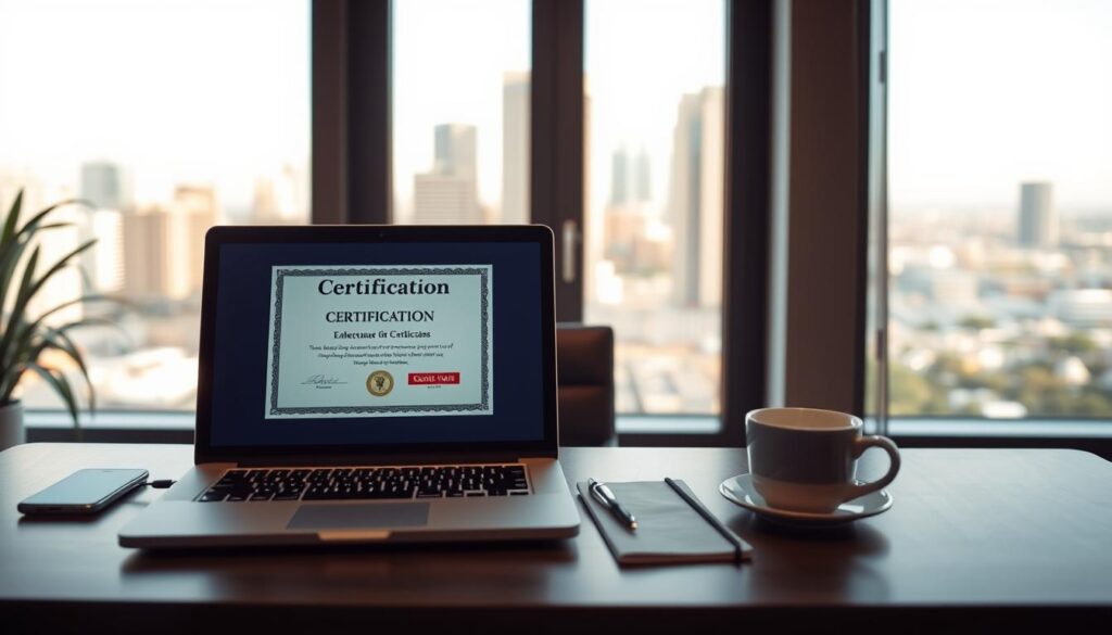 A serene office setting with a professional yet welcoming atmosphere. In the foreground, a laptop displays a certificate, representing the advantages of certification. The middle ground features a neatly organized desk with a pen, notebook, and a cup of coffee, symbolizing productivity and focus. The background showcases a large window overlooking a picturesque cityscape, bathed in soft, warm lighting that creates a sense of tranquility. The overall scene conveys the benefits of certification, including enhanced credibility, career advancement, and personal growth.
