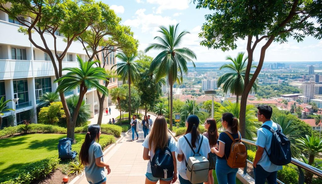 A serene, sun-drenched university campus in Paraguay, with lush greenery and modern, well-equipped medical facilities. In the foreground, a group of international students excitedly discussing the advantages of studying medicine here - the affordable tuition, the hands-on clinical experience, and the opportunity to earn a respected medical degree. In the background, a panoramic view of the vibrant city skyline, hinting at the diverse cultural and recreational opportunities available to students. The scene conveys a sense of opportunity, quality education, and the potential for a fulfilling medical career, all within the welcoming and supportive environment of Paraguay.