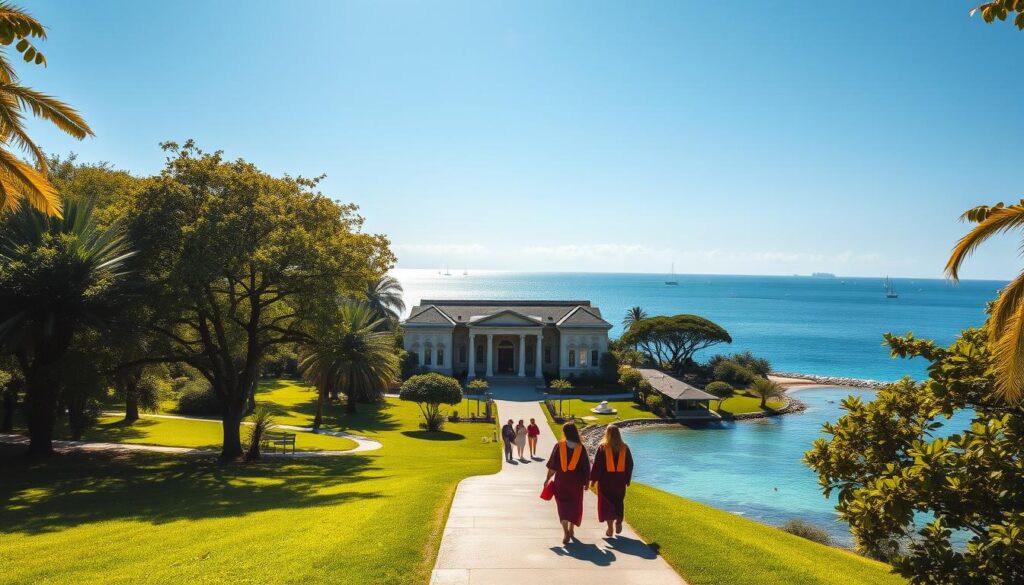 A serene university campus nestled in the idyllic island of Trindade, surrounded by lush greenery and crystal-clear waters. In the foreground, a group of students strolling along a path, their academic gowns billowing in the gentle breeze. The central building, a grand, stately structure with ornate architecture, stands as a symbol of knowledge and prestige. Sunlight filters through the trees, casting a warm, golden glow over the scene. In the background, the distant horizon is dotted with sailboats, reflecting the island's tranquil, coastal charm. The overall atmosphere exudes a sense of academic excellence, opportunity, and the natural beauty that Trindade has to offer.