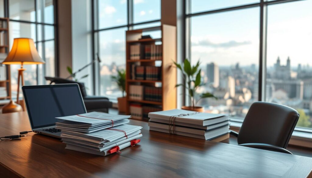 A serene, well-organized office setting with a focus on academic document services. In the foreground, a wooden desk features a laptop, stacks of papers, and a stylized diploma certificate. Warm lighting from a desk lamp casts a cozy glow, while a bookshelf in the middle ground holds volumes on academic subjects. In the background, large windows overlook a picturesque cityscape, hinting at the professional, high-quality nature of the services offered. The overall atmosphere conveys trust, expertise, and a commitment to academic excellence.