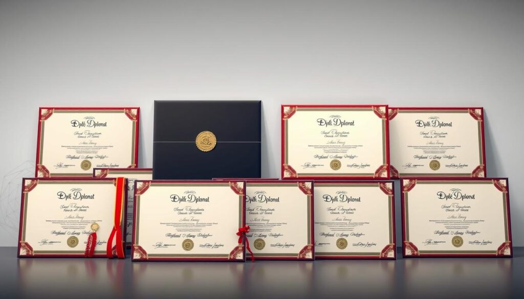 A sleek and modern arrangement of various diploma certificates, neatly displayed against a minimalist background. The diplomas are rendered with a high level of detail, showcasing their intricate designs, embossed seals, and authentic textures. The lighting is soft and diffused, creating a sense of professionalism and authority. The composition is balanced, with the diplomas taking center stage, surrounded by a clean and uncluttered space that allows them to shine. The overall atmosphere conveys a sense of academic achievement, prestige, and the availability of diverse certification options.