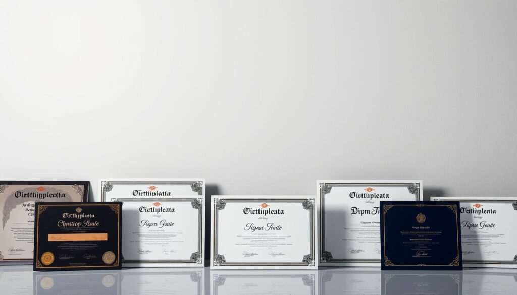 A sleek, modern arrangement of various diploma certificates on a clean, minimalist background. In the foreground, several diploma designs are displayed, showcasing different colors, layouts, and embellishments, conveying a sense of variety and quality. The middle ground features a subtle shadow or reflection, adding depth and dimension. The background is a muted, neutral tone, allowing the diplomas to take center stage. The lighting is soft and diffused, highlighting the intricate details and textures of the diplomas. The overall mood is professional, sophisticated, and visually appealing, reflecting the high-quality nature of the available diploma options.