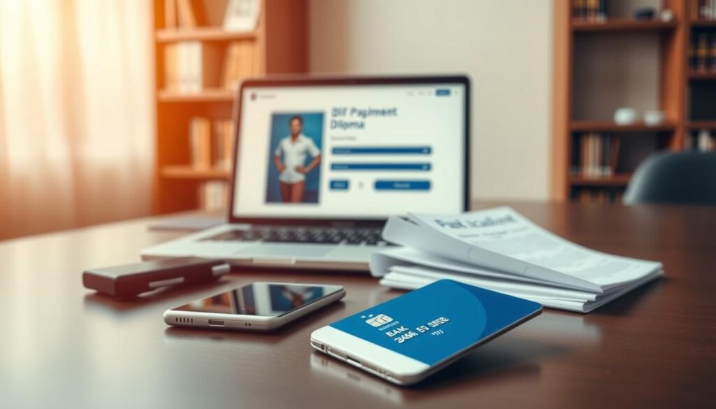 A sleek, modern desk showcasing various payment options for obtaining an academic diploma. In the foreground, a credit card, a mobile payment device, and a bank transfer slip are neatly arranged, conveying a sense of convenience and flexibility. The middle ground features a laptop displaying a secure online payment portal, while the background subtly depicts a bookshelf, symbolizing the educational context. Warm, directional lighting creates a professional and trustworthy atmosphere, highlighting the seamless payment experience. The overall composition emphasizes the ease and accessibility of the diploma acquisition process.