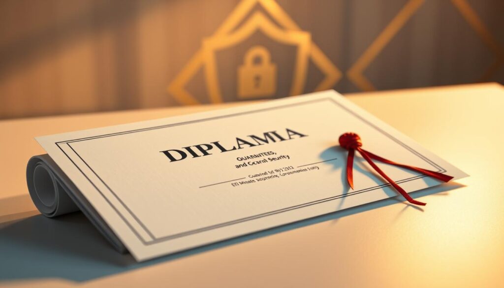 A sleek, modern diploma certificate resting on a clean, well-lit desk, cast in warm, golden tones. In the background, a minimalist geometric pattern representing security and validity, with subtle metallic accents. The diploma's surface reflects the light, conveying a sense of authenticity and legitimacy. The overall scene radiates a professional, trustworthy atmosphere, perfectly capturing the &amp;amp;quot;Guarantees and Security&amp;amp;quot; theme of the article.