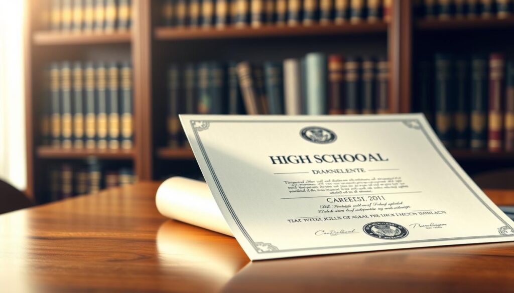 A sleek, modern diploma certificate resting on a polished wooden desk, illuminated by soft, warm lighting. In the background, a blurred, elegant bookshelf filled with academic tomes, conveying a sense of prestige and achievement. The diploma's design features clean typography, an embossed seal, and a subtle, metallic sheen, exuding a sense of legitimacy and authority. The overall scene evokes a professional, aspirational atmosphere, capturing the allure of obtaining a high school diploma through a discreet, streamlined process.
