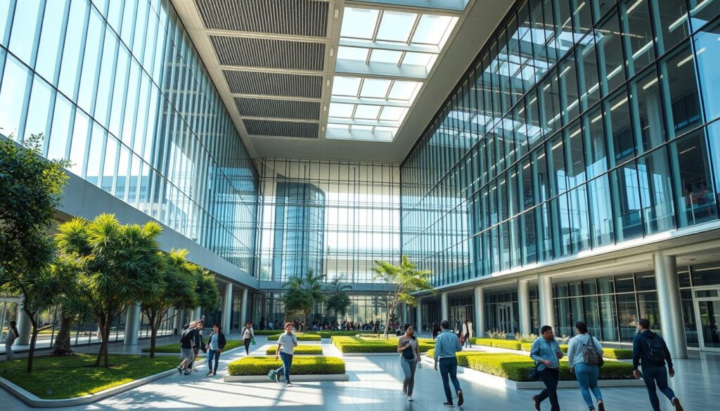 A sleek, modern federal campus situated in the heart of Cidade Ocidental, Brazil. The sprawling complex features a harmonious blend of glass, steel, and concrete, with clean, geometric architecture that exudes a sense of innovation and academic excellence. Sunlight filters through the floor-to-ceiling windows, casting a warm, inviting glow across the open-concept learning spaces and lush, meticulously landscaped courtyards. Students and faculty navigate the campus with a sense of purpose, engaged in thoughtful discussions and collaborative research, hinting at the institution's commitment to shaping the future of education in this vibrant city.