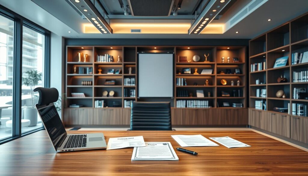 A sleek, modern office interior with a large wooden desk and ergonomic chair. On the desk, a laptop, a pen, and various documents representing the process of purchasing a certificate. Soft, diffused lighting from overhead fixtures creates a professional atmosphere. The background features shelves filled with books and awards, conveying a sense of expertise and authority. The overall scene suggests an efficient, streamlined process of acquiring an official document or credential.