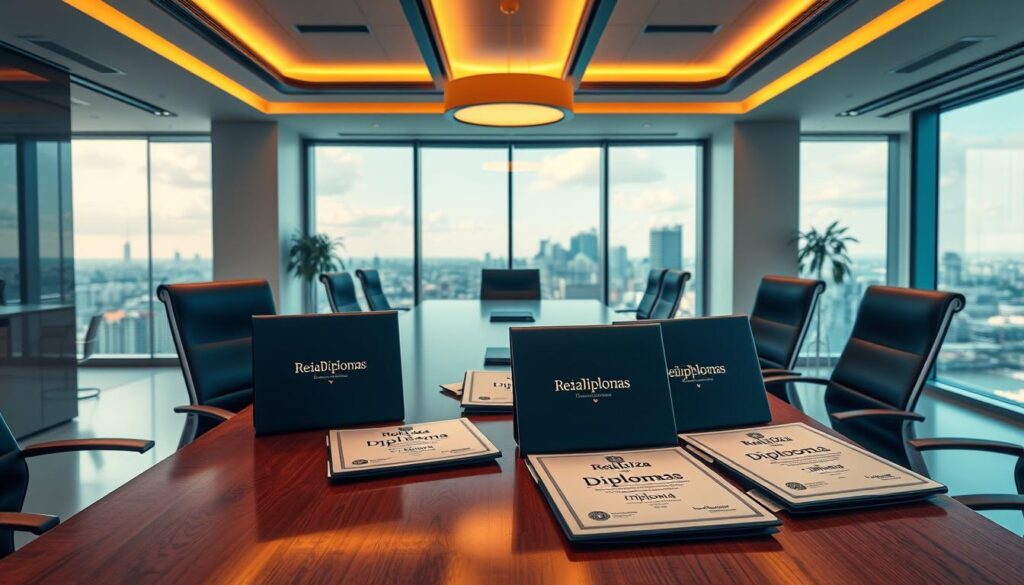 A sleek, modern office interior with a large wooden desk and ergonomic chairs. On the desk, several diploma folders are neatly arranged, reflecting the &quot;Realiza Diplomas&quot; brand. Warm, indirect lighting creates a professional atmosphere, while a large window in the background overlooks a picturesque cityscape. The focus is on the diploma folders, conveying a sense of accomplishment and the timely delivery of academic credentials.