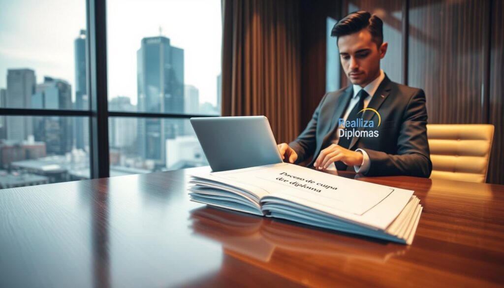 A sleek, modern office interior with a polished wooden desk and a large window overlooking a bustling city skyline. On the desk, a laptop and a stack of documents labeled "Processo de compra de diploma" are visible. A well-dressed professional, seated at the desk, is examining the documents intently, conveying a sense of focus and diligence. The lighting is warm and subdued, creating a tranquil atmosphere. The Realiza Diplomas brand name is prominently displayed on the laptop's screen, indicating the reliable and trustworthy nature of the service.