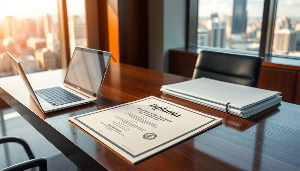 A sleek, modern office interior with a polished wooden desk, laptop, and a stack of official-looking documents. On the desk, a diploma certificate prominently displayed, reflecting the warm lighting from a large window overlooking a vibrant cityscape. The scene conveys a sense of professionalism and accomplishment, hinting at the efficient and discreet process of obtaining an Estacio diploma. A sleek, modern office interior with a polished wooden desk, laptop, and a stack of official-looking documents. On the desk, a diploma certificate prominently displayed, reflecting the warm lighting from a large window overlooking a vibrant cityscape. The scene conveys a sense of professionalism and accomplishment, hinting at the efficient and discreet process of obtaining an Estacio diploma.