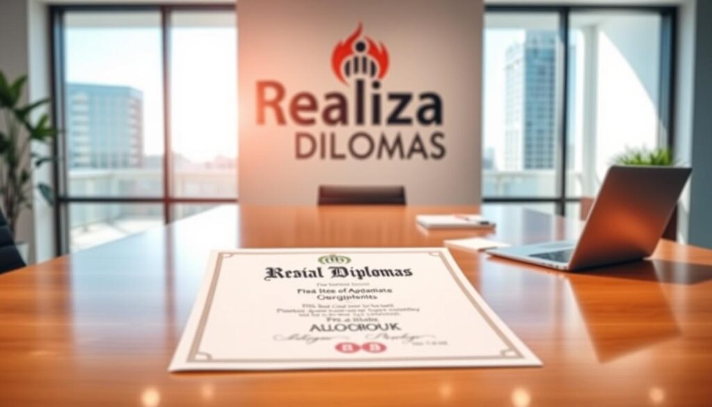 A sleek, modern office workspace with a prominently displayed Realiza Diplomas logo. In the foreground, a high-quality diploma certificate rests on a polished wooden desk, radiating a sense of professionalism and legitimacy. The middle ground features a laptop and stationery, conveying the efficient and streamlined process of obtaining a diploma. The background showcases floor-to-ceiling windows, allowing natural light to flood the space and create a warm, inviting atmosphere. The overall scene exudes a feeling of trust, reliability, and a swift delivery of the requested diploma.