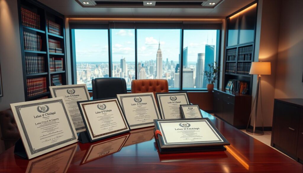 A sleek, professional office interior with an elegant wooden desk showcasing a variety of diplomas and certificates. The diplomas are arranged neatly, with diverse designs and colors that reflect different academic disciplines and institutions. The lighting is soft and warm, creating a scholarly yet welcoming atmosphere. In the background, a bookshelf filled with leather-bound volumes and a large window overlooking a picturesque city skyline. The overall composition conveys a sense of achievement, knowledge, and the prestige associated with earning various types of diplomas.