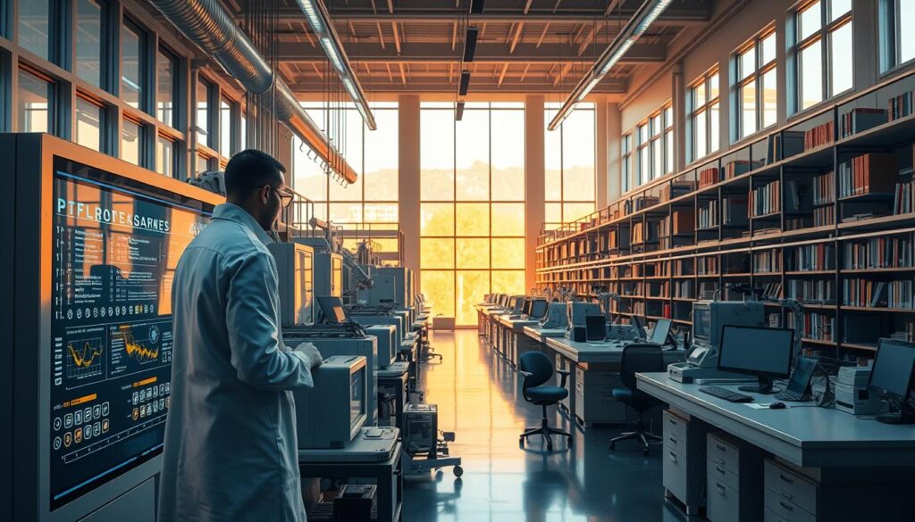 A state-of-the-art university laboratory, bathed in warm, natural lighting that filters through large windows. In the foreground, a scientist in a white lab coat stands before a sleek, futuristic-looking computer terminal, their hands deftly manipulating holographic controls. In the middle ground, intricate scientific equipment and machinery hum with quiet power, conveying a sense of technological progress. The background is filled with towering bookshelves and workstations, suggesting a rich environment of intellectual inquiry and discovery. The overall mood is one of innovation, dynamism, and the advancement of scientific knowledge - a fitting representation of the "Desenvolvimento Tecnológico" that underpins the pursuit of a physics degree.